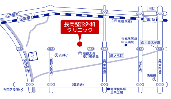 〒616-8077　京都市右京区太秦安井馬塚町2-9 長岡整形外科クリニック